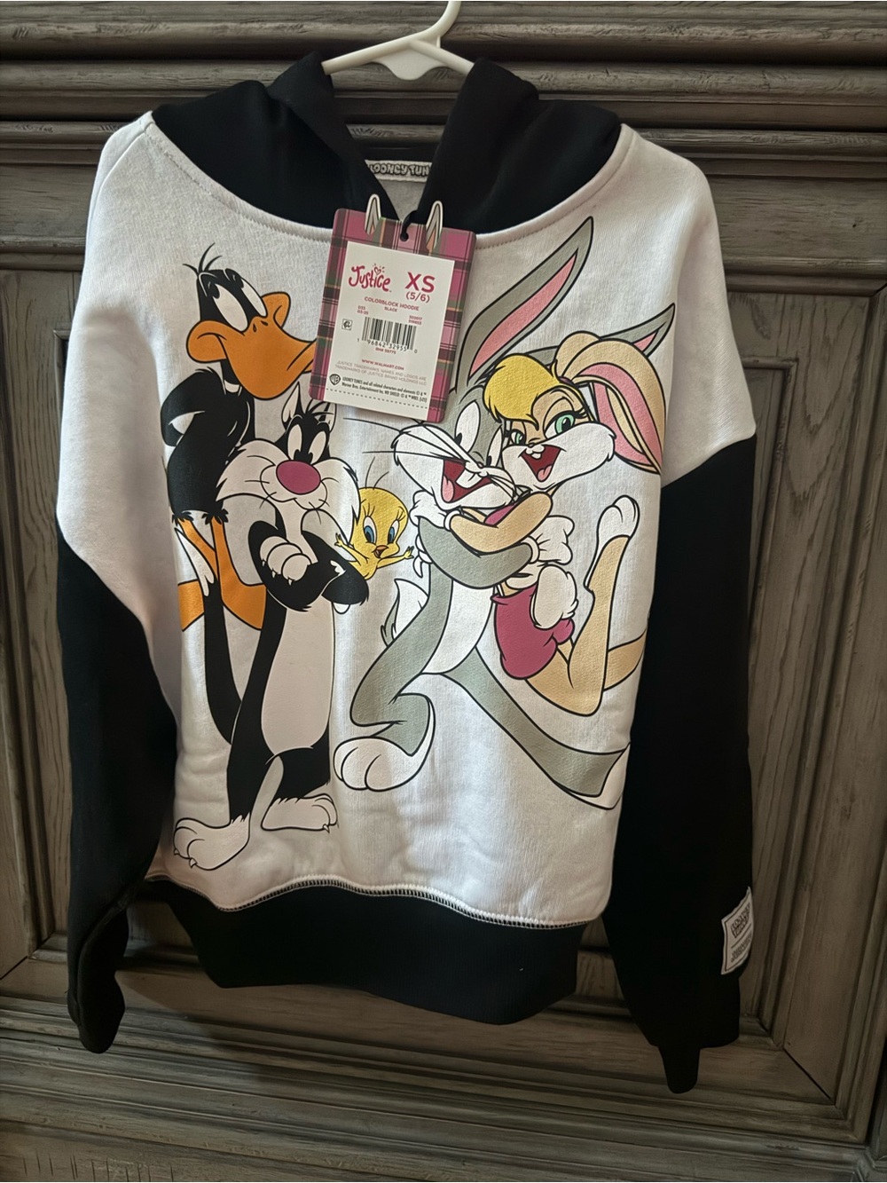 Justice Girls XS Looney Tunes Pullover Hoodie - White/Black Size 5/6!